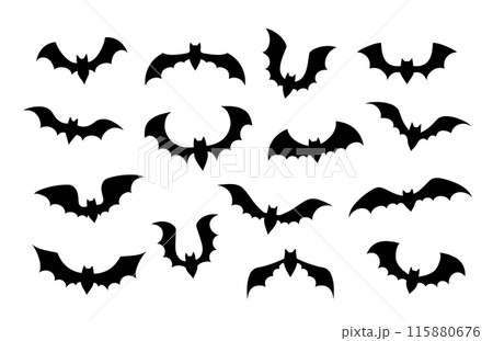 Isolated Halloween bats black silhouettes. Vector set of spooky flying winged vampire animal shapes. Witch creatures with long eerie wings, creepy horror night holiday symbols of mystery and terror 115880676