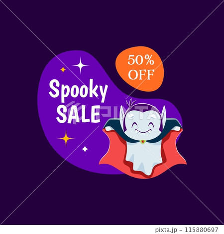 Halloween sale frame and kawaii ghost character, dressed as a vampire, ready to spook with discounts. Vector discount tag featuring an adorable Dracula phantom with fangs and cape offering spooky offs 115880697
