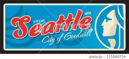 Seattle american plaque, USA retro travel plate, vintage tourist destination. United States of America city vintage tin sign, vector plate or banner with coat of arms, City of goodwill motto 115880724