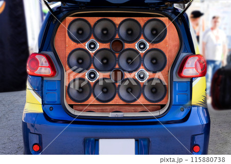 Audio system in the car. Powerful audio speakers are installed in the trunk of the car. Close up 115880738