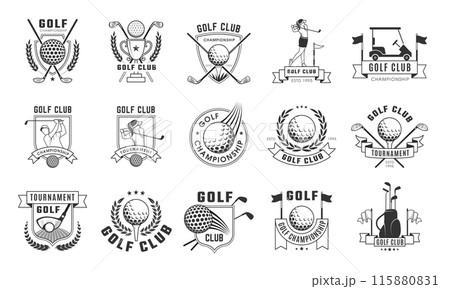 Golf badges. Sport logos for golf club badges with specific tools cups balls stick recent vector template with place for personal text Golf badges. Sport logos for golf club badges with specific tools cups balls stick recent vector template with place for personal text 115880831