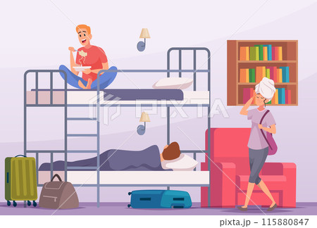 Hostel people travelers or students living in open space room Hostel people travelers or students living in open space room 115880847