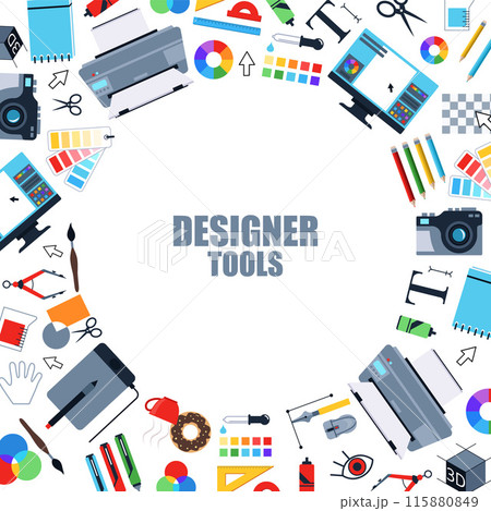 Design tools. tablet camera color wheel pantone palette circle background with place for text Design tools. tablet camera color wheel pantone palette circle background with place for text 115880849