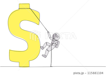 Continuous one line drawing astronaut climbs dollar symbol with rope. Metaphor looking for extra money because of high needs. Smart work combined with hard work. Single line design vector illustration 115881104