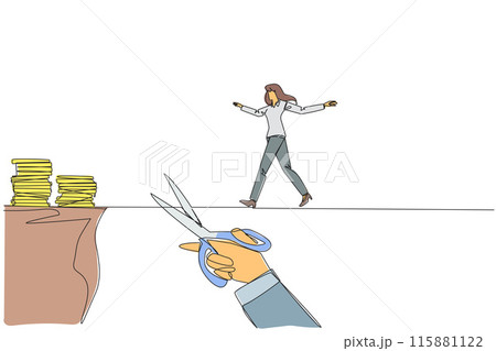 Continuous one line drawing businesswoman walking on tightrope from one cliff to another. Failed to move to much better place. Cheated by business friend. Single line draw design vector illustration Continuous one line drawing businesswoman walking on tightrope from one cliff to another. Failed to move to much better place. Cheated by business friend. Single line draw design vector illustration 115881122
