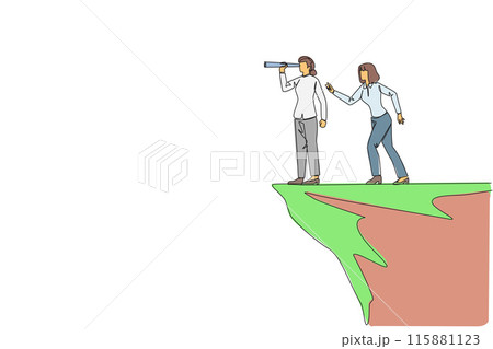 Single one line drawing businesswoman monitoring something at the edge of a cliff using binocular. Monitoring business. Taken down by traitor from behind. Continuous line design graphic illustration Single one line drawing businesswoman monitoring something at the edge of a cliff using binocular. Monitoring business. Taken down by traitor from behind. Continuous line design graphic illustration 115881123