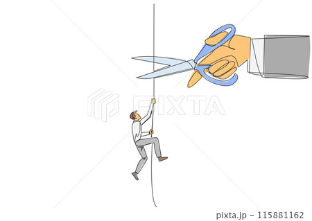 Single continuous line drawing businessman climbing rope. Metaphor of struggling to advance business. Business failed to develop. Sabotaged by business friends. One line design vector illustration 115881162