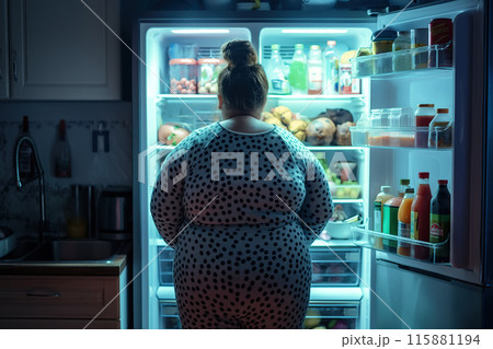 A fat woman stands in front of an open fridge, looking inside. The reflection on healthy eating habits and the relationship between food and body image. Generative AI. 115881194