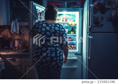 A fat woman stands in front of an open fridge, looking inside. The reflection on healthy eating habits and the relationship between food and body image. Generative AI. 115881196