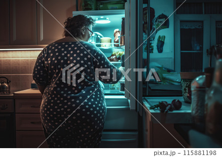 A fat woman stands in front of an open fridge, looking inside. The reflection on healthy eating habits and the relationship between food and body image. Generative AI. 115881198