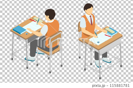 アイソメトリックイラスト：学校の机で勉強する男子高校生(夏服) 115881781