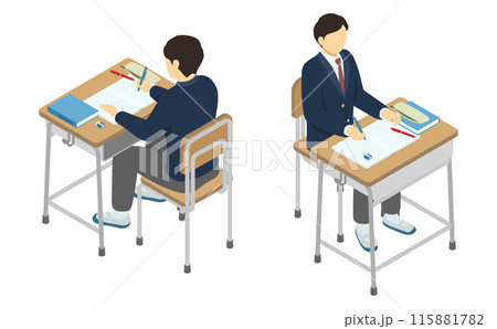 アイソメトリックイラスト：学校の机で勉強する男子高校生 115881782