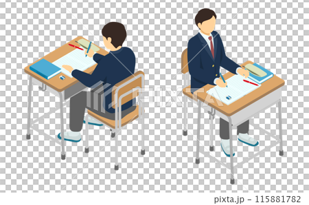 アイソメトリックイラスト：学校の机で勉強する男子高校生 115881782
