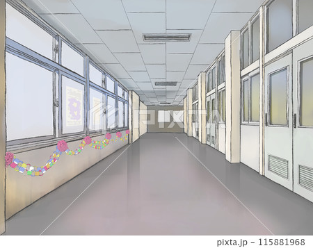 輪飾りと花紙の飾りつけがある学校の廊下（ペン画に着色） 115881968