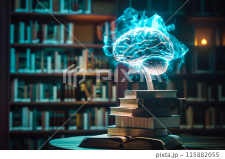 A human brain hovers over a stack of books in a library. The integration of traditional knowledge and modern innovation. Generative AI. 115882055