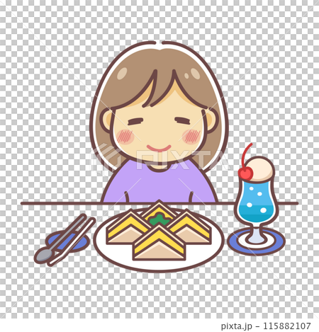 吃蛋三明治和奶油蘇打水的女孩插畫素材 115882107
