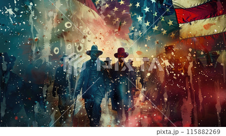 Independence Day of America. Parade people in traditional clothes with flags. Retro style Independence Day of America. Parade people in traditional clothes with flags. Retro style 115882269