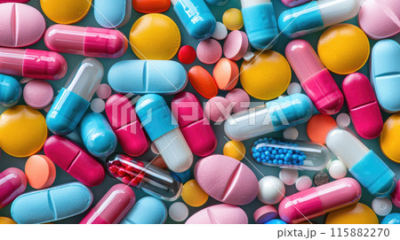Medicine drugs, pills and capsules background. Concept of healthcare and medicine. Top view Medicine drugs, pills and capsules background. Concept of healthcare and medicine. Top view 115882270
