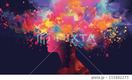 Woman head silhouette in profile with a splash of colorful paint. Mental health day. Conceptual image. 115882273