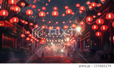 Chinese red lanterns in the night. Traditional china festival. Chinese New Year. Chinese street with red lanterns. 115882274