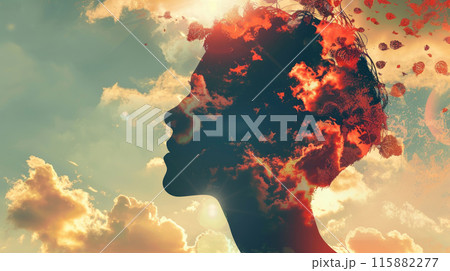 Woman head silhouette in profile with sky and clouds. Mental health day. Conceptual image. Mental Health Disorder Woman head silhouette in profile with sky and clouds. Mental health day. Conceptual image. Mental Health Disorder 115882277