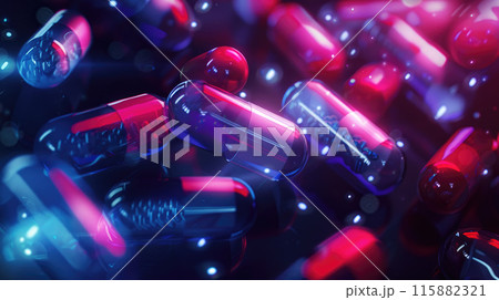 Medicine drugs, pills and capsules background. Concept of healthcare and medicine. Top view 115882321