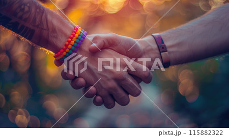 Two men's palms in a handshake. One hand is wearing a rainbow bracelet. Pride month, LGBT community concept 115882322