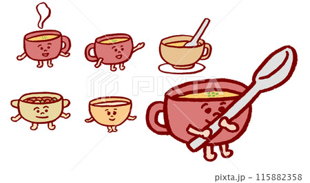 スープが入った赤や茶色のかわいいスマグカップのキャライラスト 115882358