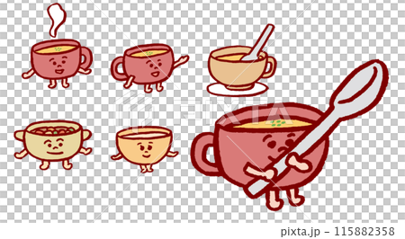 スープが入った赤や茶色のかわいいスマグカップのキャライラスト 115882358