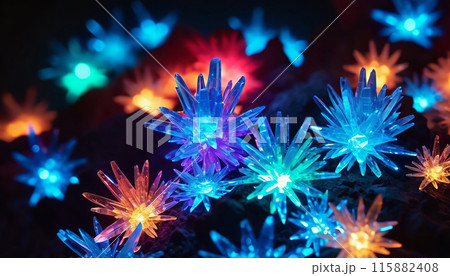Colorful fantasy glowing crystals on black background 115882408