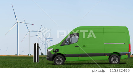 Charging green electric van and wind turbines in a background 115882499