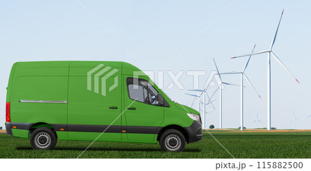 Green delivery van on a field with wind turbines. Clean transportation concept 115882500