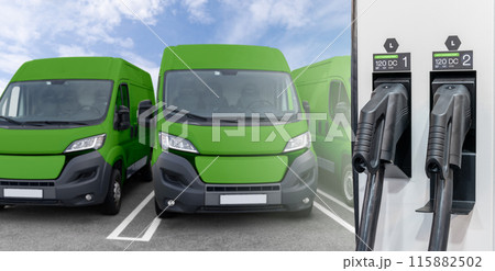 Green electric delivery vans with electric vehicles charging station 115882502