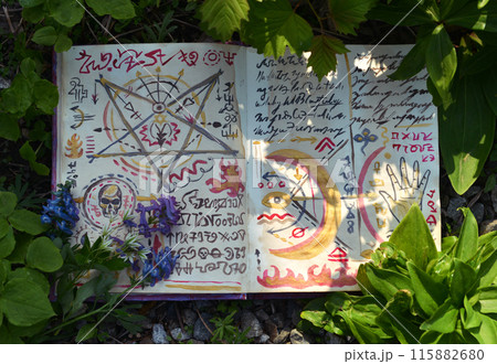 Still life with old open magic book pages with ritual spells outside on the grass background. Esoteric, gothic and mystic concept. No foreign language, only fantasy symbols. Still life with old open magic book pages with ritual spells outside on the grass background. Esoteric, gothic and mystic concept. No foreign language, only fantasy symbols. 115882680