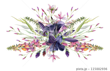 Hand drawn watercolor illustration botanical flowers leaves. Lily clivia amaryllis, foxglove snapdragon lupin, pink lobelia jasmine, willow eucalyptus. Bouquet isolated white. Design wedding, cards 115882936