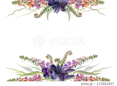 Hand drawn watercolor illustration botanical flowers leaves. Lily clivia amaryllis, foxglove snapdragon lupin, forest fern shoot, tendrils, willow eucalyptus. Frame isolated on white. Wedding, cards Hand drawn watercolor illustration botanical flowers leaves. Lily clivia amaryllis, foxglove snapdragon lupin, forest fern shoot, tendrils, willow eucalyptus. Frame isolated on white. Wedding, cards 115882937
