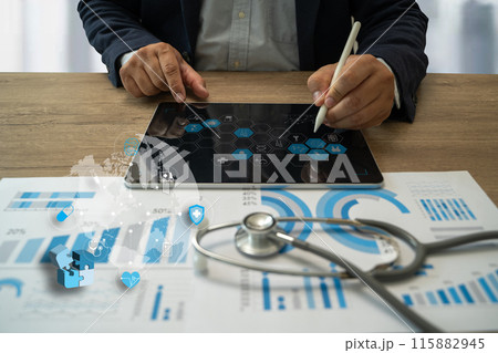 financial report chart and calculator Medical Report and stethoscope 115882945