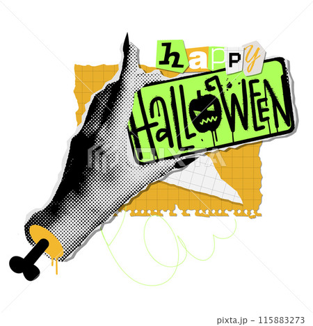 Torn out halftone collage zombie hand holding phone with graffiti words Happy Halloween. Holiday concept with paper layered elements. Vector illustration. Torn out halftone collage zombie hand holding phone with graffiti words Happy Halloween. Holiday concept with paper layered elements. Vector illustration. 115883273