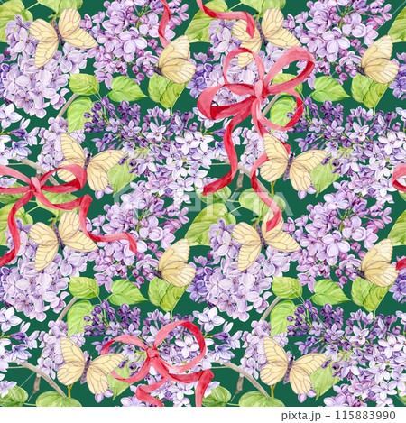 Seamless background with white and purple lilacs wrapped in pink silk ribbons. Watercolor spring flowers in botanical style. Hand drawing for printing on fabric, wrapping paper. 115883990