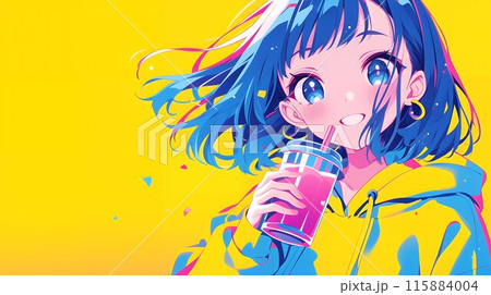 ドリンクを持つアニメ風の女の子　AI 115884004