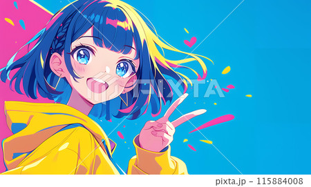 ピースサインするアニメ風の女の子　AI 115884008