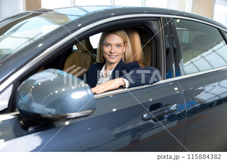 Pretty business woman sitting in a car and looking contented Pretty business woman sitting in a car and looking contented 115884382