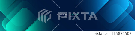 Abstract blue horizontal banner background with glowing blue and green geometric square shapes. Modern graphic design. Suit for header, cover, presentation, business, corporate, website 115884502