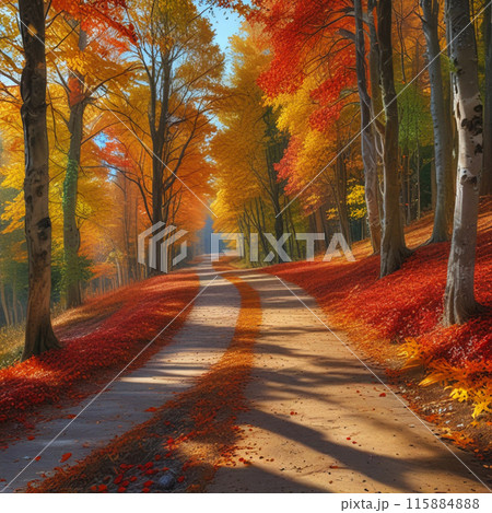 紅葉の落ち葉に差し込む朝日 115884888