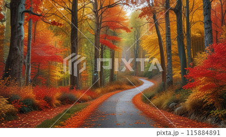 秋の紅葉に染まる道 115884891