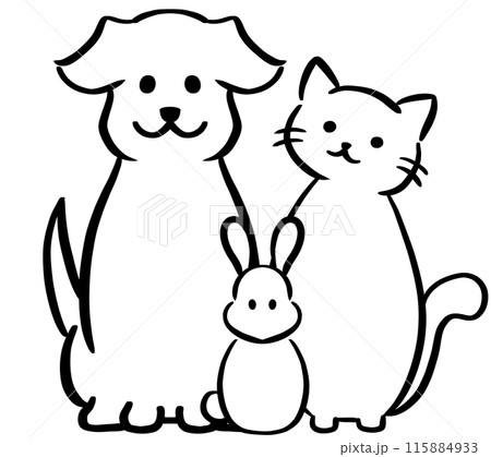 アイコン素材や挿絵に使える黒い線で描いたシンプルでかわいい犬猫うさぎの手描きシルエットイラストセット 115884933