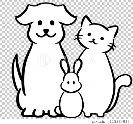 アイコン素材や挿絵に使える黒い線で描いたシンプルでかわいい犬猫うさぎの手描きシルエットイラストセット 115884933