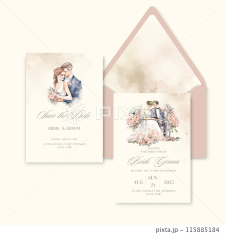 Luxury wedding invitation card background with watercolor newlyweds. Luxury wedding invitation card background with watercolor newlyweds. 115885184