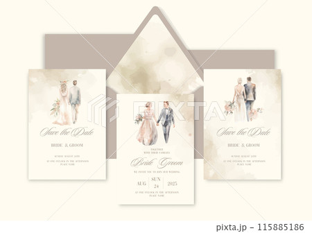 Luxury wedding invitation card background with watercolor newlyweds. 115885186