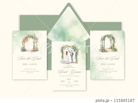 Luxury wedding invitation card background with watercolor wedding ceremony arch with newlyweds. 115885187